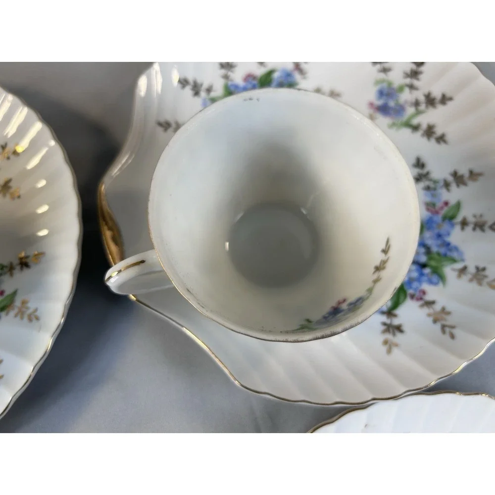 Vintage Japan Tea Cup Saucer Set 4 Blue Floral‎ Gold Trim Scalloped